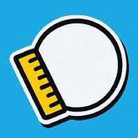 Pop-art style icon showing a circle sticker with size options for choosing sticker size and finish