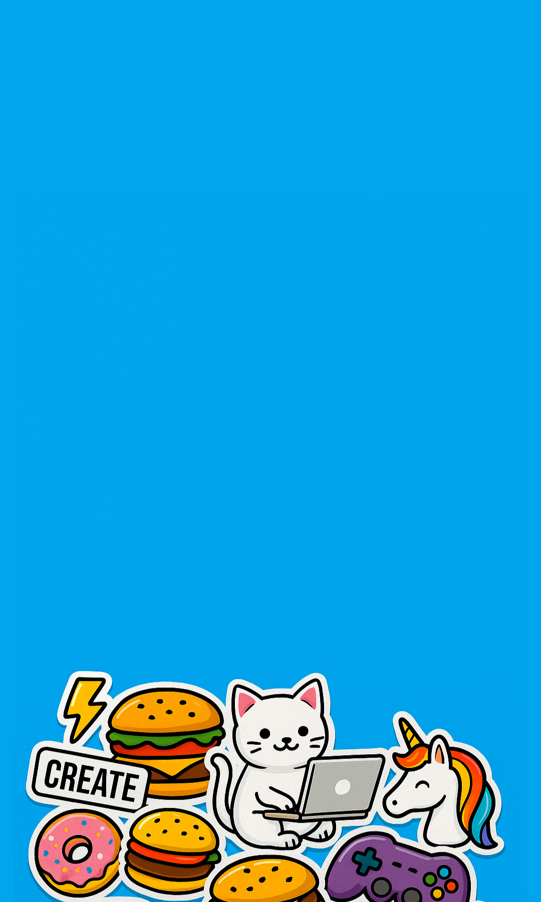 Colorful pop-art custom stickers piled along the bottom of a blue background, used for Stickable’s mobile hero banner.